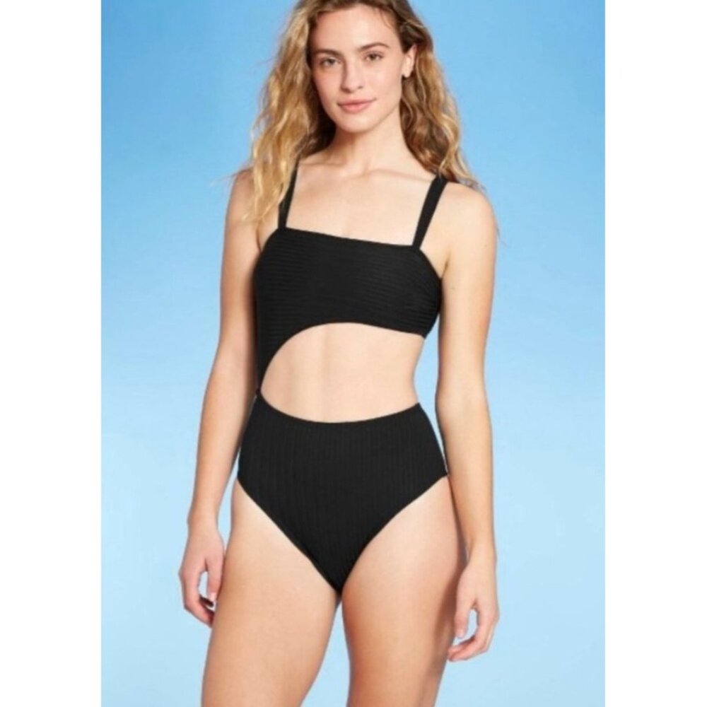 NWOT Shade & Shore Black Ribbed One-Piece Cut Out Swimsuit Size S
